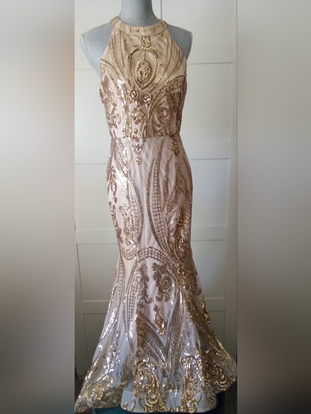 the clothing company Rose Gold Sequin Halter Maxi Dress